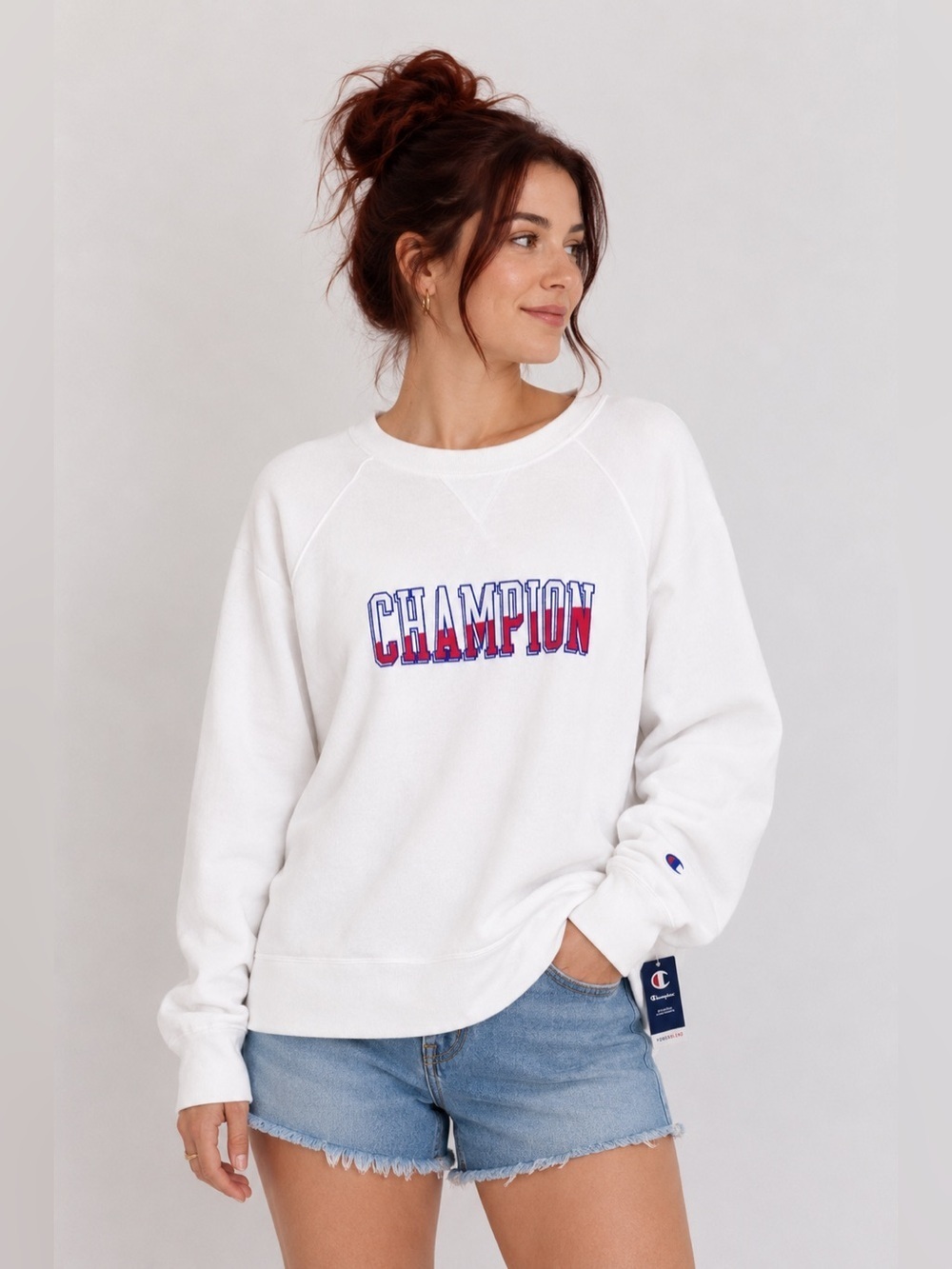NWT Champion Powerblend Crewneck Logo Print Sweatshirt White Size Small